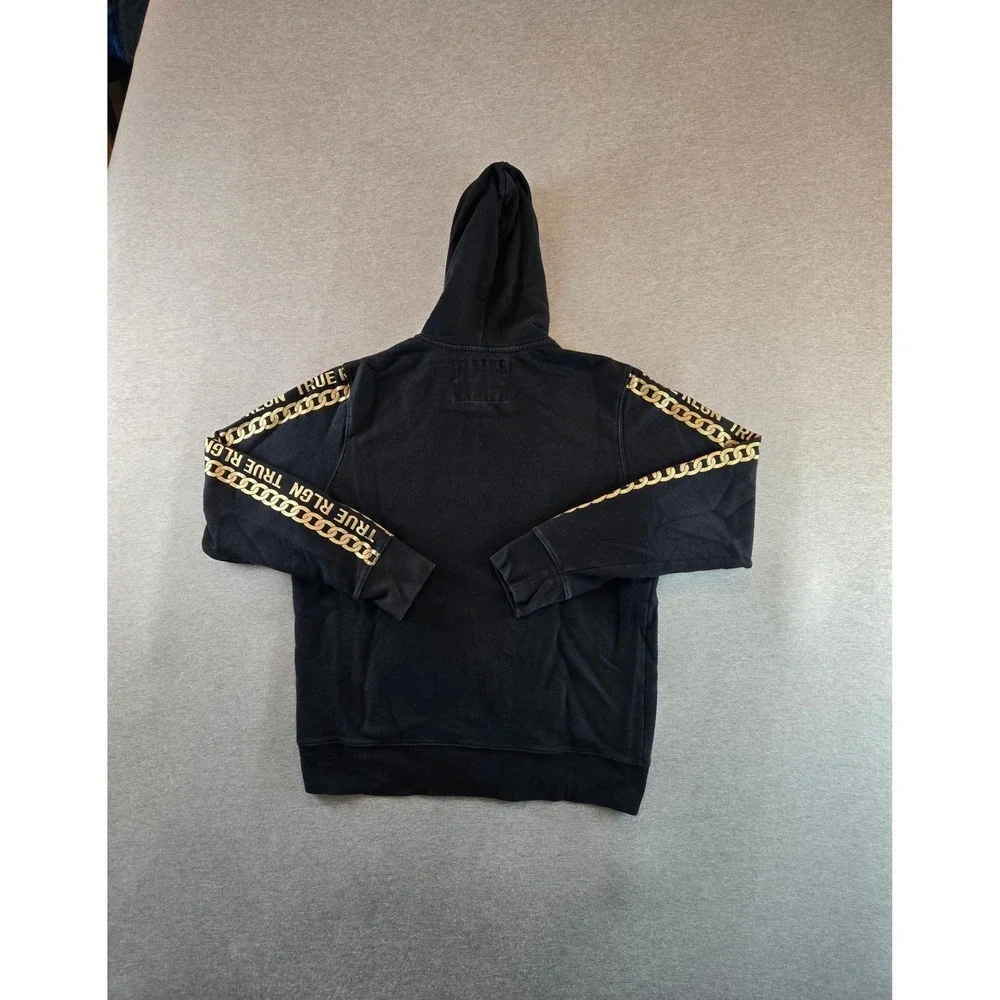 True Religion Zip Hoodie Mens XL Black Gold Chain Graphic Sleeve Logo Sweatshirt